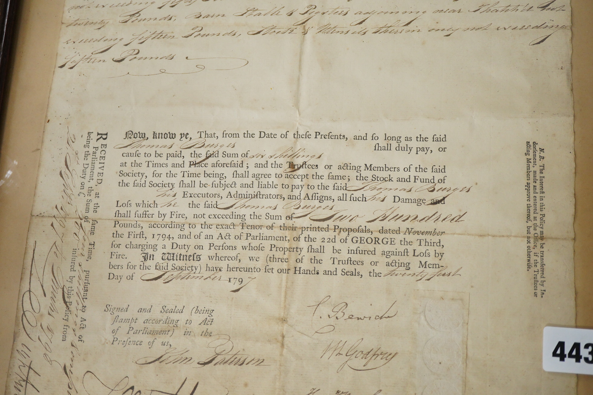 Sun Fire Office Insurance policy dated 1797, for Thomas Burges of Banbury
